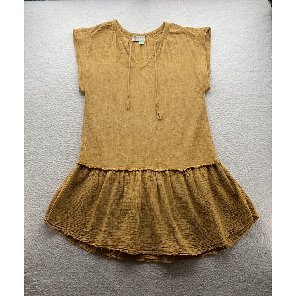 Anthropologie Tunic Dress Womens Small Gauze Flowy Loose Keyhole Peasant Mustard